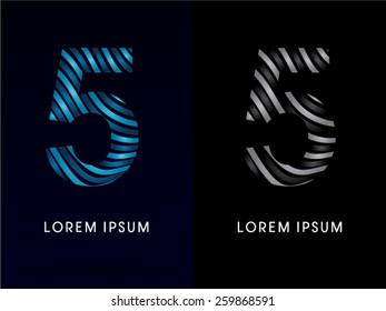 5 ,Number ,modern wave  font ,designed using blue and black line on dark background, concept move, wave, water, freestyle, zebra line, fantasy ,logo, symbol, icon, graphic, vector.