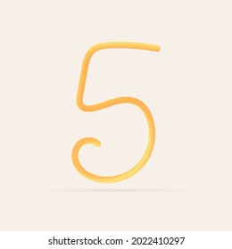 5 number spaghetti design. Vector hand draw realistic food font. Isolated Italian pasta for tasty poster, restaurant identity, gourmet element and more