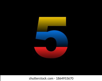 5 number vector desing, font logo. Dynamic split red, blue, yellow color on black background. For social media,design elements, creative poster, web template    


