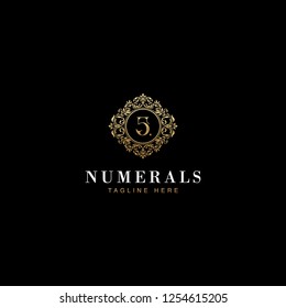 5 Numerals Luxury elegant victorian floral filigree frame badge pattern with number 5 inside the circle badge emblem logo design vector in gold colors