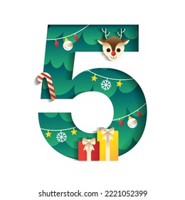 5 Numeric Number Alphabet Cute Merry Christmas Concept Reindeer Candy Cane Gift Box Christmas Tree Character Font Letter Christmas Element Cartoon Green 3D Paper Layer Cutout Card Vector Illustration