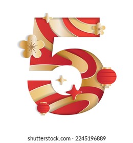 5 Numeric Number Chinese New Year Concept Character Font Letter Abstract Paper Flower Lantern Lunar Festival Element Sparkle Shine Gradient Gold Red 3D Paper Layer Cutout Card Vector Illustration