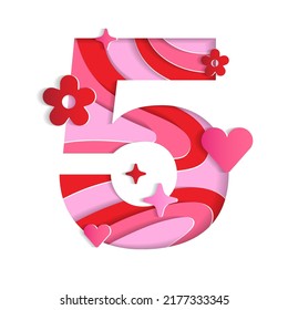 5 Numeric Valentines Day Love Abstract Character Font Number Paper Lively Flower Heart Sparkle Shine Red Pink Mountain Geography Contour Map 3D Layer Paper Cutout Card Web Banner Vector Illustration