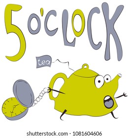 5 o'clock cartoon vector flat teapot with alarm clock, comic character