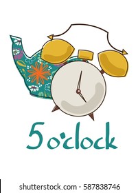 5 o'clock text, textured teapot with floral pattern and alarm clock.