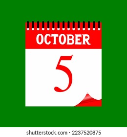 5 October 2023. Icon calendar day. Days of the year. Vector illustration sign label. Event schedule date. Meeting appointment time. Agenda plan. Green Background.