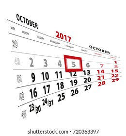 5 October highlighted on calendar 2017. Week starts from Monday. Vector Illustration.
