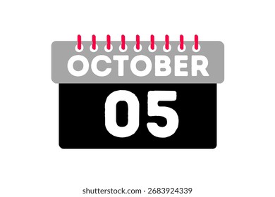 5 outubro mês vetor dia único dia, ilustração, calendário com cinza, preto, vermelho e branco ícone de calendário de fundo de 5 de outubro