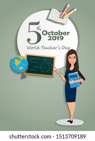 5 October World Teacher's day- teacher with pointer and globe board pencils and book-Vector Illustration