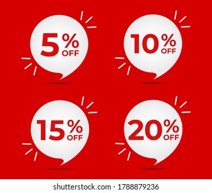 5% off, 10% off, 15% off and 20% off. Set of tag discounts. Banner with four red bubble balloons with special offers vector.