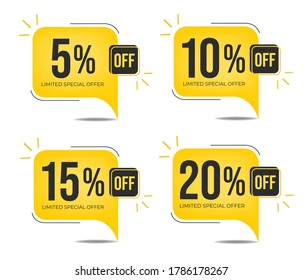 5% off, 10% off, 15%0ff and 20% off. Set of tag discounts. Banner with four yellow balloons with special offers vector.
