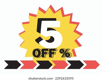 5% off. Banner with five percent discount on a red and yellow ballow and arrows black and white.