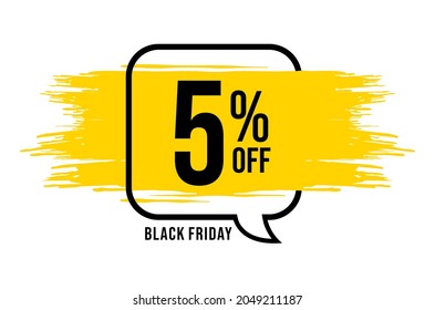 5% off. Banner with 5 percent off on a black balloon with yellow detail for promotions and offers. Discount conceptual banner for big sales.