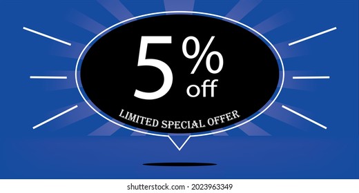 5% off black balloon and blue, for limited special offer, blue banner for special offers of promotions