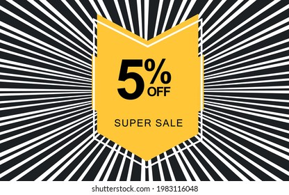5 % Rabatt. Schwarzes Banner mit fünf Prozent Rabatt auf einen gelben Ballon für Megaangebote.