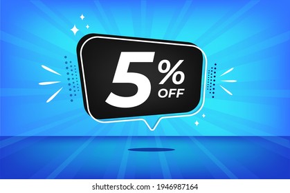 5% off. Blue banner with five percent discount on a black balloon for mega big sales.