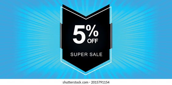 5% off. A blue banner with a five percent discount on a black balloon for mega offers.