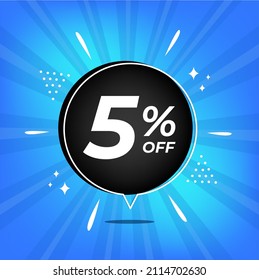 5% off. Blue banner with five percent discount on a black balloon for mega big sales.