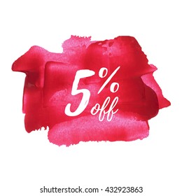 5% OFF card, poster, logo, lettering, words, text written on red pink painted background vector illustration
