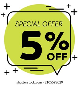 5% de descuento - Colorida burbuja de habla con etiqueta de descuento y oferta especial