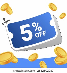 5% de descuento Cupón con un diseño azul audaz, rodeado de monedas de oro flotantes sobre un fondo blanco y azul.