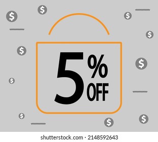 5% off. Dark banner for stores and promotions. Shopping bag