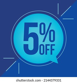 5% de descuento, descuento para grandes ventas. Globo cian sobre fondo azul.