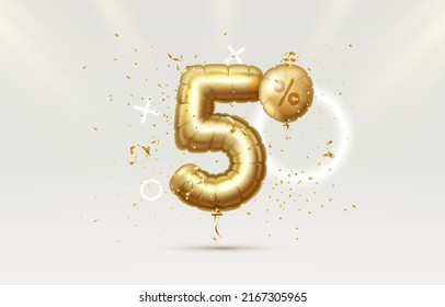 5 Off. Discount creative composition. 3d Golden sale symbol with decorative objects, heart shaped balloons, golden confetti. Sale banner and poster. Vector illustration.