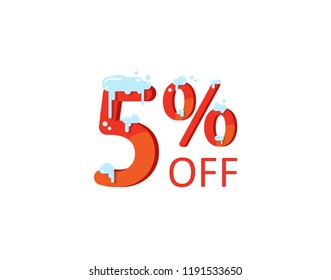 5% off. A discount of five percent. Numbers  in the snow. Winter sale, Christmas sale, holiday sale. Flat vector illustration