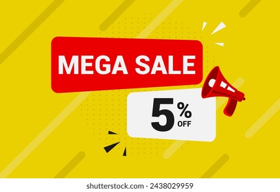 5% off discount. Five percent off Mega sale banner promotion template. Yellow background. Special deal label design. Vector illustration.