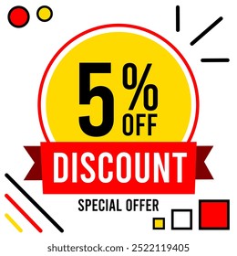 5% off discount 5 % off special offer five percent off discount 5%off Promotions with black and white numbers, yellow ball, circle and red, black and yellow designs.eps