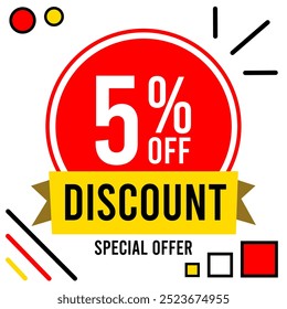 5% off discount 5 % off special offer five percent off discount 5%off discount Promotions with black and white numbers, red ball, white background, circle and red, black and yellow designs.eps