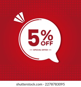 5% off. Discount vector for sales, labels, promotions, offers, stickers, banners, tags and web stickers. New offer. White discount balloon emblem on red background.