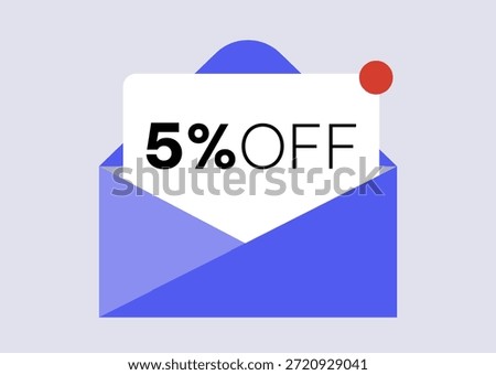 5% off. Five percent discount. Envelope with promotion. Sale discount coupon message mailing. Sending advertising emails. Vector illustration.