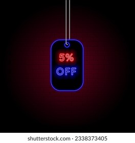 5 % Rabatt. fünf Prozent Rabatt. Neonstil. beste Wochenendverkauf. Sonderangebot. begrenzte Zeit. Neonvektorgrafik. Ziegelhintergrund. Rot und Schwarz.