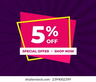 5% off, five percent, special offer, shop now. Background Label. Purple and pink. Discount special offer. Banner with offer emblem. Modern concept design. Vector illustration.