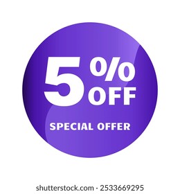 5% de descuento. Cinco por ciento de descuento, Oferta Especial. Plantilla de diseño de Anuncio de venta de descuento. Etiqueta de descuento. Ilustración vectorial. Diseño púrpura.