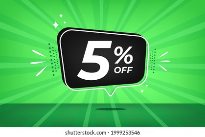 5% off. Green banner with five percent discount on a black balloon for mega big sales.