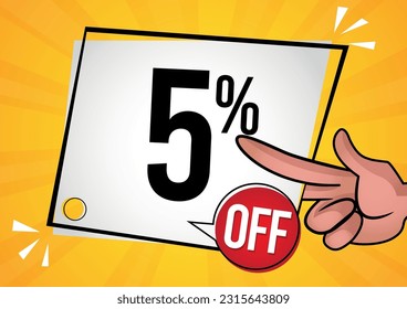 5% off -hand holding white tag with five percent off. Vector illustration for sales with special offers for retail. Colors: black, red, yelow and Orange