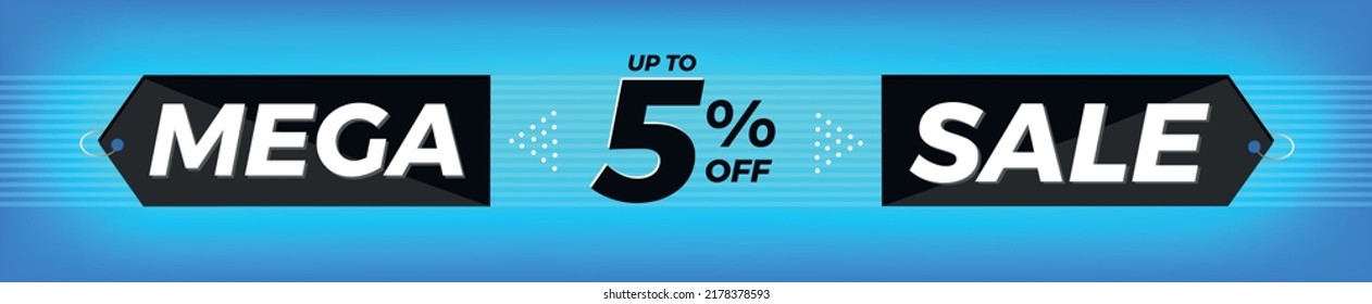 5% off. Horizontal blue banner. Advertising for Mega Sale. Up to five percent discount for promotions and offers.