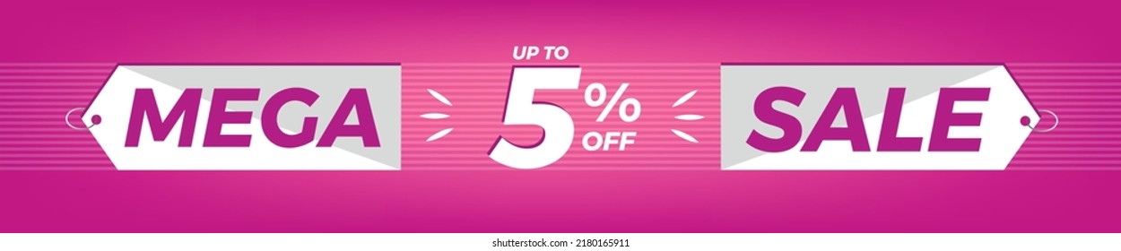 5% off. Horizontal pink banner. Advertising for Mega Sale. Up to five percent discount for promotions and offers.