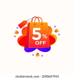 5% off with love shopping bag icon and Sale tag discount offer price label element design. Vector special sale offer illustration template for corporate identity, Special offer tag, Super Sale label