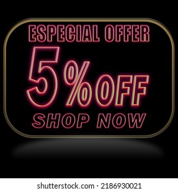 5% off. Offer price discount illustration, vector discount symbol. PREDO BALLOON WITH RED NEON ON BLACK BACKGROUND