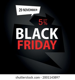 5% off on Black Friday. Black banner with five percent off promotion for november.