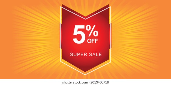 5% off. Orange banner with five percent discount on a red balloon for mega offers.