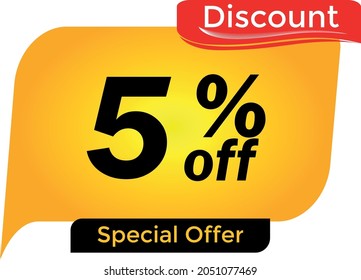 5% off, 5 percent promotion for offers, great deals, big sale, reduction. Yellow and red tag