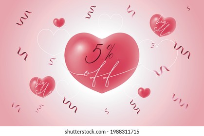 5% off. Pink heart-shaped balloon with five percent discount for big sales on Valentine's Day.