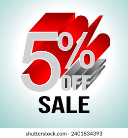 5% OFF Promotional Discount Lettering in Gray Colors and Shadow with Red Extrusion Effect with Two Colors on Background