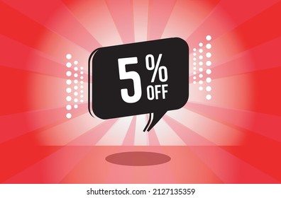 5% de descuento. banner rojo con cinco por ciento de descuento en un globo negro para grandes ventas.