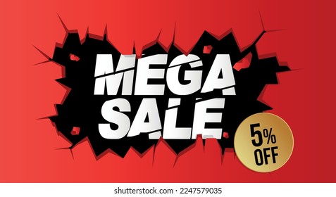 5% de descuento. Banner rojo con cinco por ciento de descuento en un globo negro para megaventas.